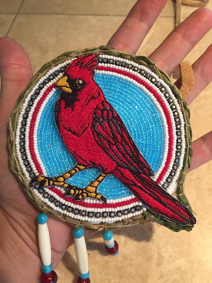 Cardinal Red Bird beaded medallion with sweetgrass border