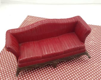 Renwal Burgundy Sofa Doll House Toy Plastic Living room All five legs