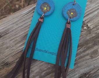 Turquoise and Leather Flower Blossom Earrings - Hand Painted Leather - Fringe - Western - Cowgirl Jewelry - Southwestern - Cowgirl Earrings