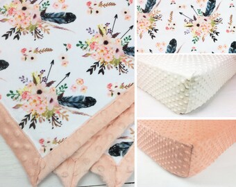 MINKY CRIB SET, baby minky bedding, girl bedding set, pink flowers feathers crib set, flower tribal blanket, baby shower gift