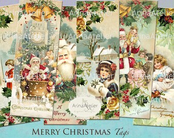 Merry Christmas BOOKMARKS - Digital Collage Tags -Collage Tags - Hang Tags - Vintage Collage Images - gift Tags, scrapbooking, mix media