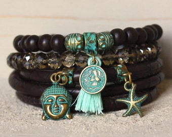 Moederdag, Muttertag, Muttertag, Holz Ibiza Armband, Boho Armband, Türkis-Armband, Buddha Armband, Perlen Armbänder, Frauen Armband