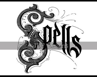 Instant Digital Download, Vintage Victorian Graphic, Halloween Spells Antique Text Lettering, Printable Image Party Typography, Gothic, Sign