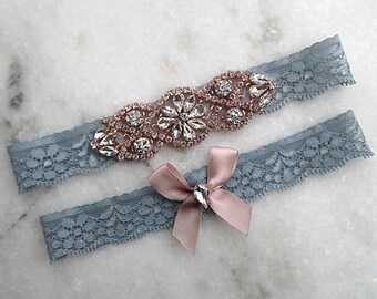 Dusty Blue Wedding Garter Set, Rose Gold Stretch Lace Bridal Garter, Crystal Rhinestone Garters, Light Blue Garter, Something Blue Garter