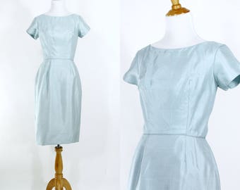 Vintage 1960s Dress | 60s Ice Blue Wiggle Dress | Party Dress | Small S