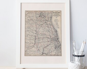 1892 BICYCLE MAP of CHICAGO - Retro Map of Wisconsin, Bicycle Railroad and Carriage Road Map, Minimalist Map