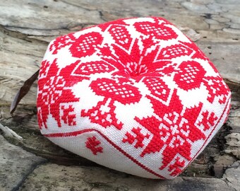 Finished biscornu cross stitch linen Pincushion Sewing accessory woman gift