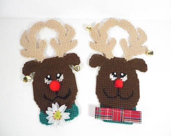 Pair of Vintage Plastic Canvas Reindeer Door Hangers - Brown Reindeer Door Knob Hangers