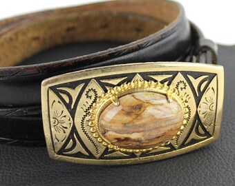 Brown Stone & Gold Buckle on Black Leather Belt - US Size 34