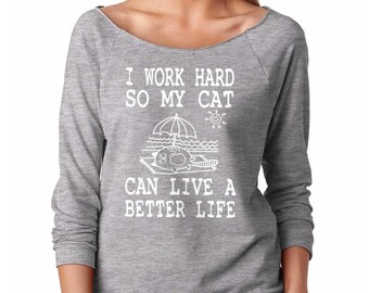 Cat T-Shirt French Terry Raglan 3/4 Sleeve Cat Owner Tee Shirt