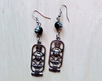 Crackle glass beads and Egyptian scarab earrings