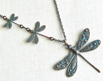 Dragonfly Necklace - Teal Copper Patina, Nature Jewelry, Dragonfly Jewelry, Nature Necklace, Aqua Necklace, Turquoise Necklace