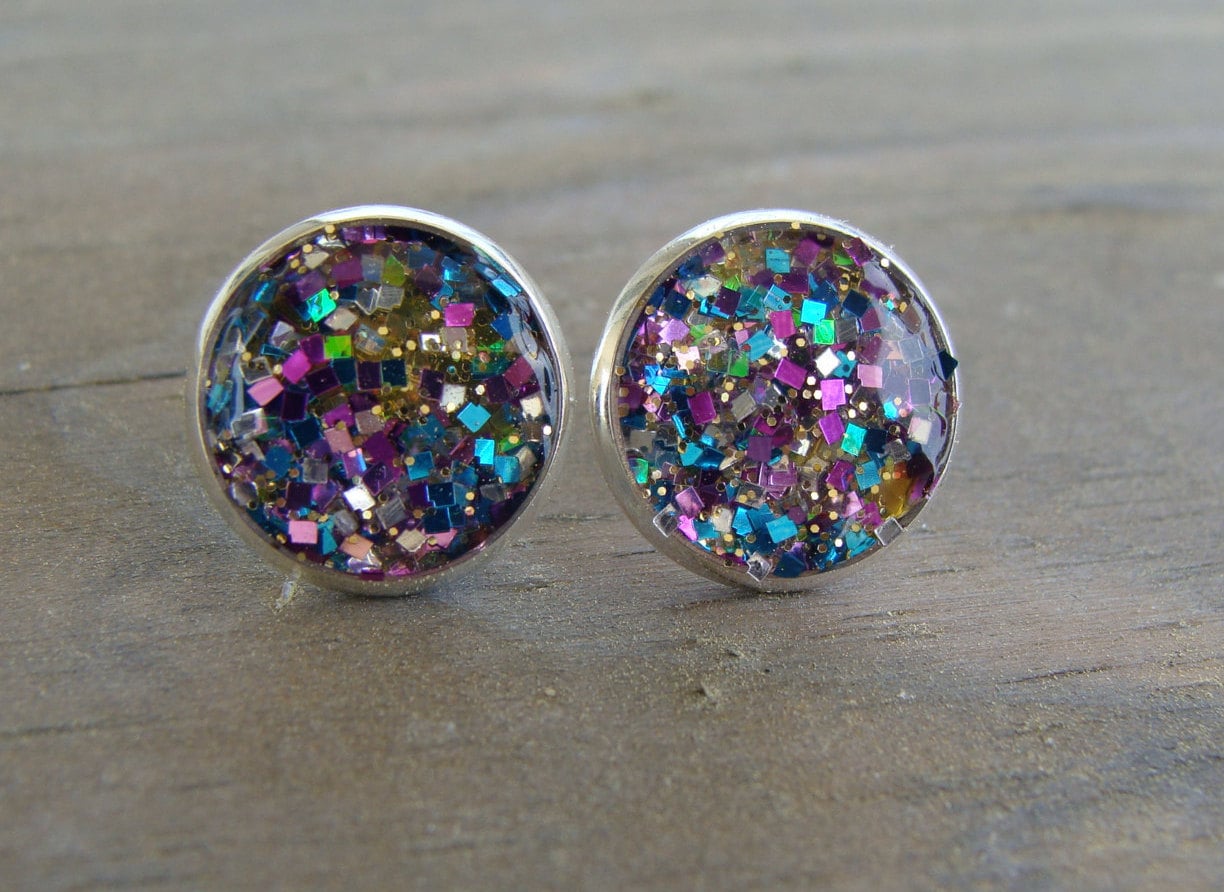 Multicolor Glitter Earrings Post Stud Pink Blue Gold Silver