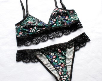 Cotton lngerie set Cotton underwear Black lace lingerie Cotton panties Cotton Bralette Longline bralette Eco lingerie Brazilian knickers