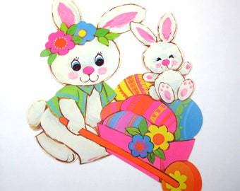 Vintage Die Cut Cardboard Easter Decoration with Cute White Rabbits Cart and Colored Easter Eggs