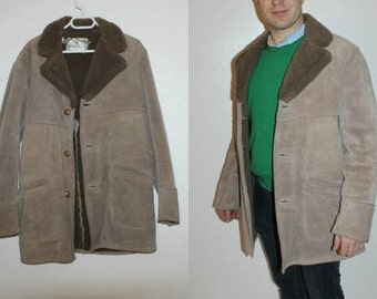 Beige Leather JACKET Men's Jacket Coat Biker Moto Flight Aviator Outerwear Suede Shearling Coat Sherpa Winter Leather Brown Faux Fur Large