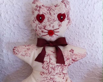 Cat plush red toile de jouy fabric