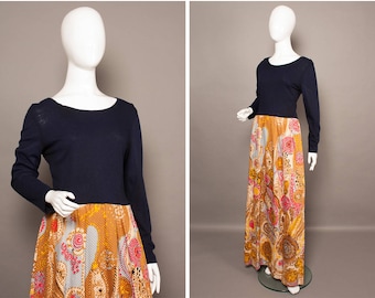 Boho 70s PSYCH Print Skirt Maxi Dress UK 12-14