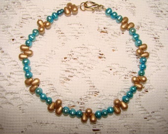 Turquoise Freshwater Pearls And Gold Beaded Ankle Bracelet
