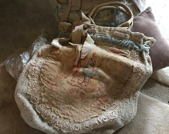 LINEN GRAINSACK & TAPESTRY Vintage Bag Magnolia Antique Lace French Patched Handmade Vintage Ribbons Velvet Linens Irish Crochet