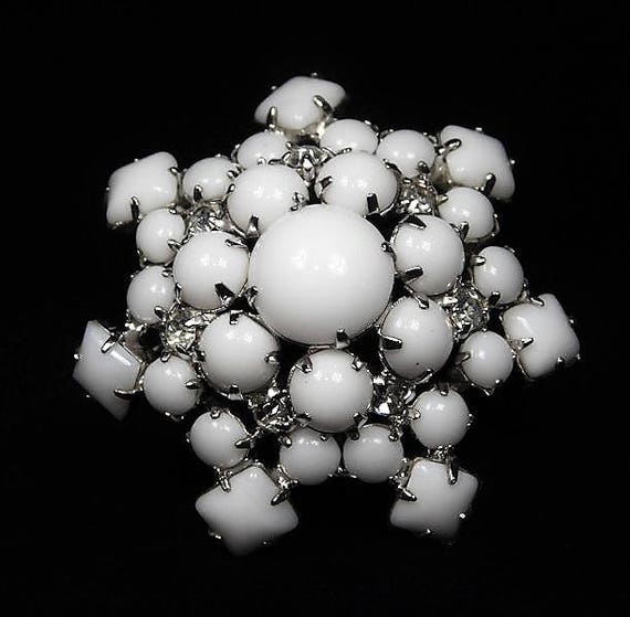 Domed Milk Glass Rhinestone Brooch