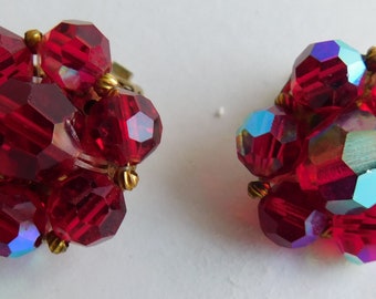 Vintage Estate Red Aurora Borealis Faceted Cluster Beaded Clip On Earrings