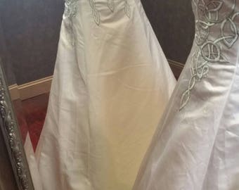 Celtic Wedding Dress with Cream and Green Celtic Embroidery
