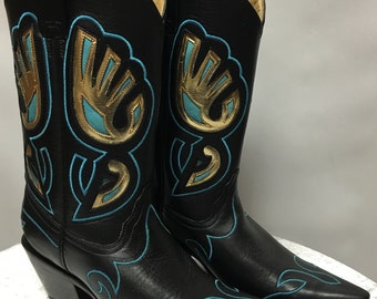 Corral Boots Black/Blue & Gold Inlay in size 6.5M