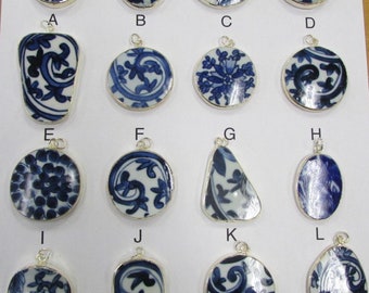 Porcelain Blue and White Pendant Broken Pottery Asian Shard silver bezel