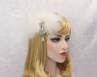 Gatsby hair piece feather fascinator | White feather hair clip 1920s 20s headpiece Wedding bridal fascinator Vintage style hair piece