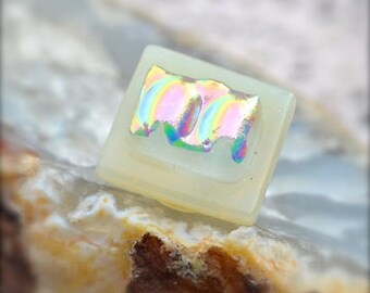 Tie or Lapel Pin Brooch - Post Pin Fitting with Clutch Back - Tack Fused Layers of Art and Dichroic Glass - Ivory Rainbow - Gift Box