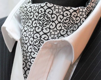 Cravat Ascot UK Made Black & White Geometric 'Jackal' + Hanky.Premium Cotton.