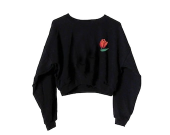 Tulip Cropped Sweatshirt-Black Sweater-Embroidered American Apparel Fleece Sweatshirt