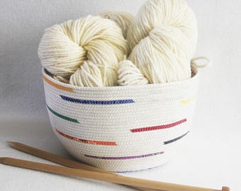 Natural Rope Coiled Basket / Coiled Clothesline / Knitting Bowl / Plant Pot / Random Rainbow Extra Large Round by PrairieThreads