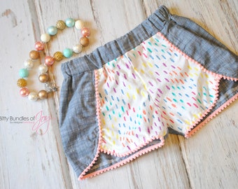 Rainbow Birthday Shorts - Chambray Shorts - Rainbow Shorts - Toddler Coachella shorts - Pom Pom Shorts - Stylish Kid Shorts - Trendy Shorts