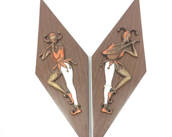 Mid Century Harlequin Jester Wall Plaques, Faux Wood Diamond Shape Wall Decor, Set of Two