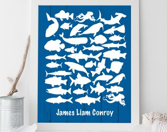 Nautical Baby Shower Guest Book Alternative / Blue Nautical Guest Book, Fish, Octopus, Whales, Sharks▷ Printable File {or} Printed & Shipped
