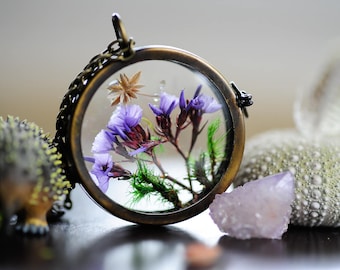 Terrarium jewelry, Boho necklace, Purple, Real flower pendant, Moss locket, botanical, nature inspired, gift for her