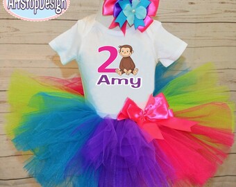 Curious George birthday outfit,FREE SHIPPING,tutu outfit,birthday girl,colorful tutu,colorful outfitt,Curious George birthday tutu set