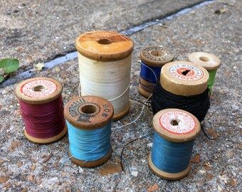 Antique Thread Lot of Several Spools Blue Red Black White Vintage wood spools, cardboard