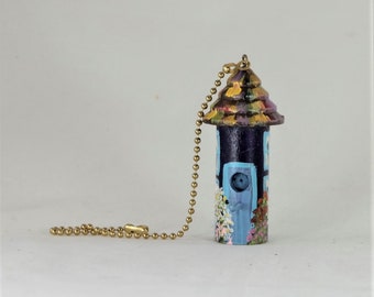 Fan Light Pull ,Blue and Turquoise , Hand Painted with a lot of Flowers