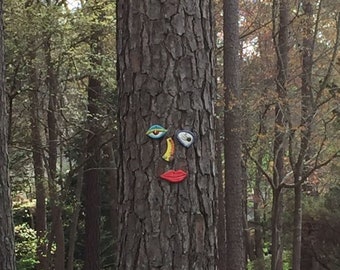 Tree Face Picasso Inspired Original Unique Garden Yard Art - Handmade Pottery