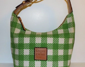 Vintage; Dooney and Bourke; Legacy Greeen Houndstooth; Canvas & Leather Trim; Madras Bucket Bag; 313040