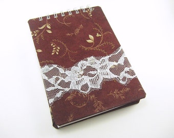 5 x 7 art journal, blank sketchbook, watercolor, burgundy, leaves, lace accent, spiral bound book, fabric notebook cover, travel journal