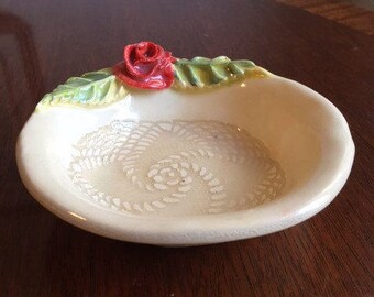 Handmade Ceramic Soap Dish With A Red Rose And Lace Design