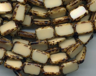 4 - rectangular glass - flat beads 12 x 8 mm - beige and Brown marble