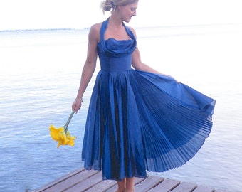 Vintage 50s Dress, 1950s Rockabilly Halter Dress with Full Circle Skirt, XS