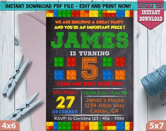 INSTANT DOWNLOAD-Building Blocks Invitation, Chalkboard, Colorful Blocks Birthday Party Invitation, Invite Card, Invitation,Digital File,PDF