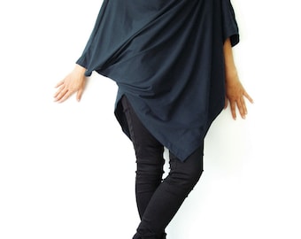 NO.63 Midnight Blue Cotton Jersey Asymmetrical Tunic Top, Loose Fit Top, Cowl Neck Top