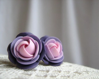 Polymer clay earrings - Light pink, violet rose flower stud earrings